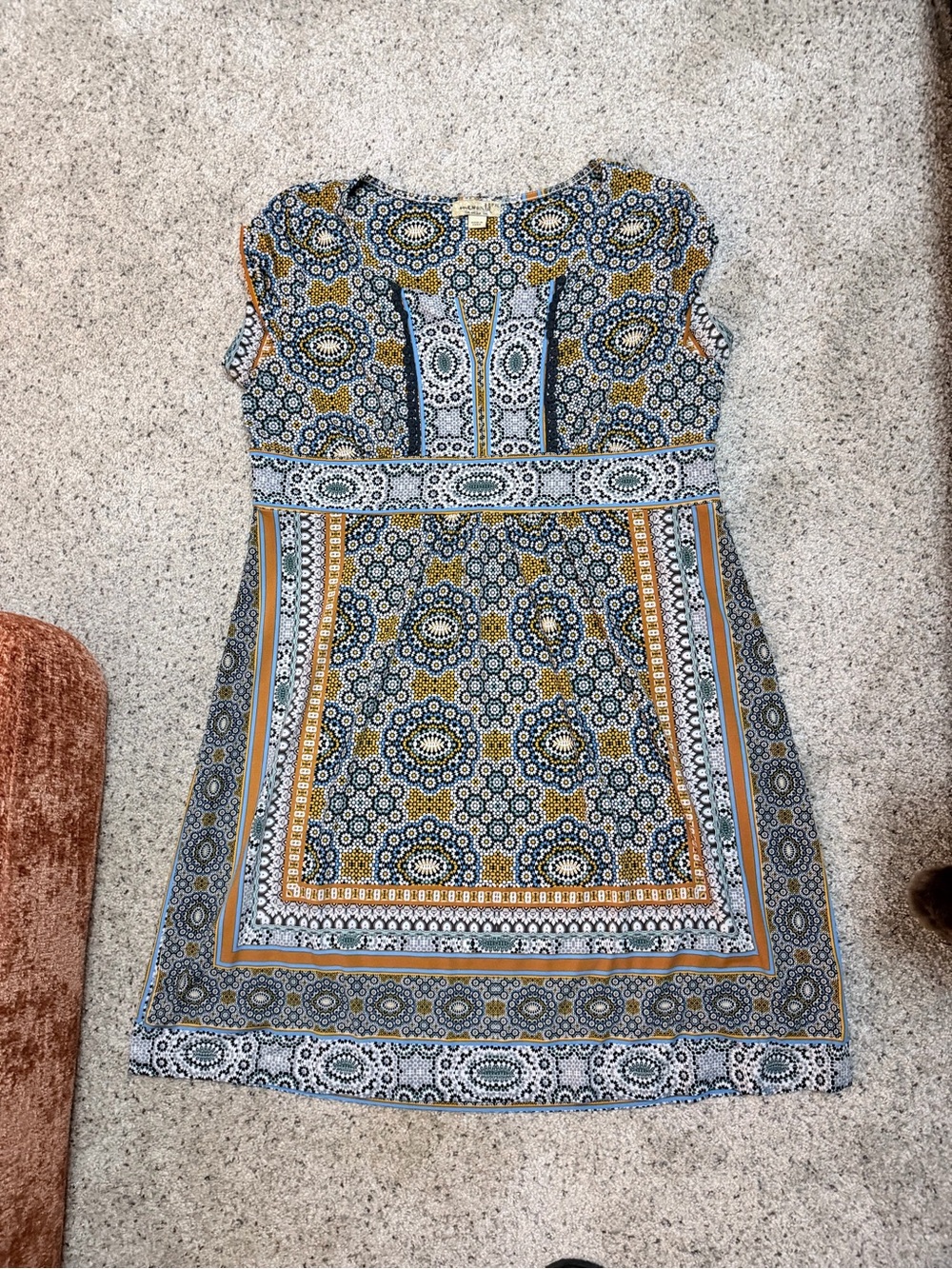ONE WORLD Printed Mini Dress in Blue and Mustard